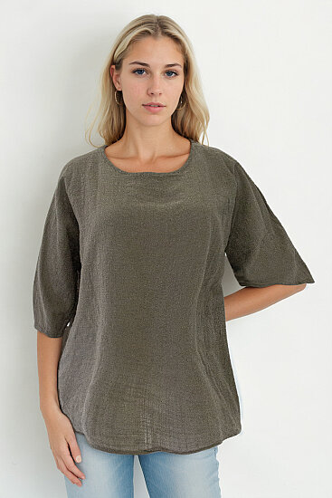Geniş Yaka Yarım Kol Keten Bluz - 17