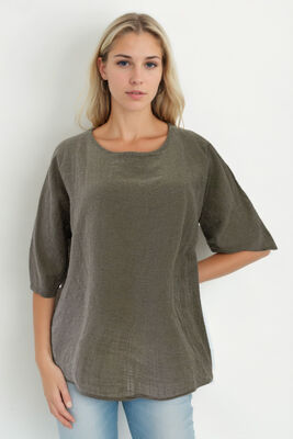 Geniş Yaka Yarım Kol Keten Bluz - Thumbnail (16)