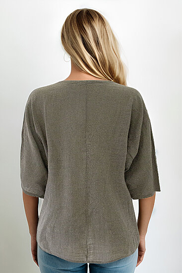Geniş Yaka Yarım Kol Keten Bluz - 18