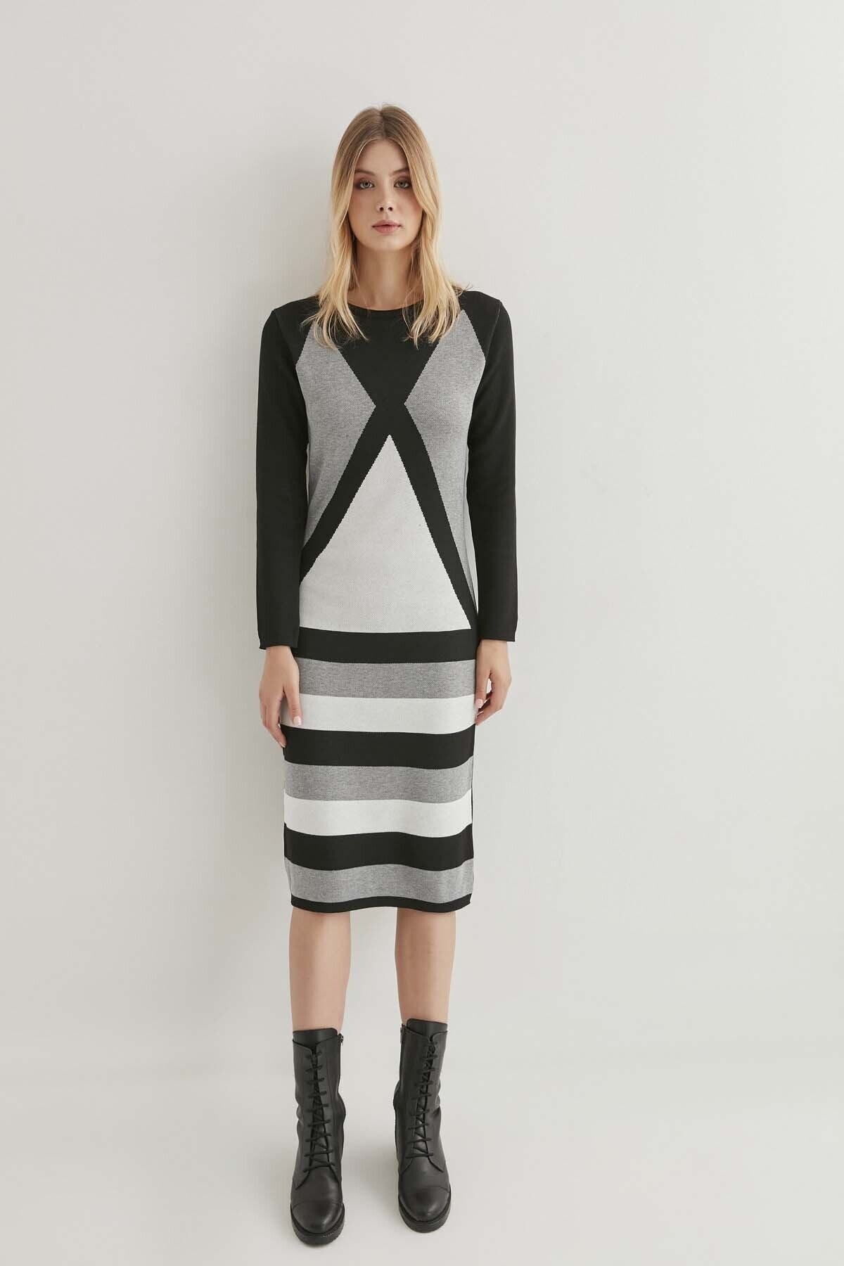 Geometrik Desen Triko Elbise - Thumbnail