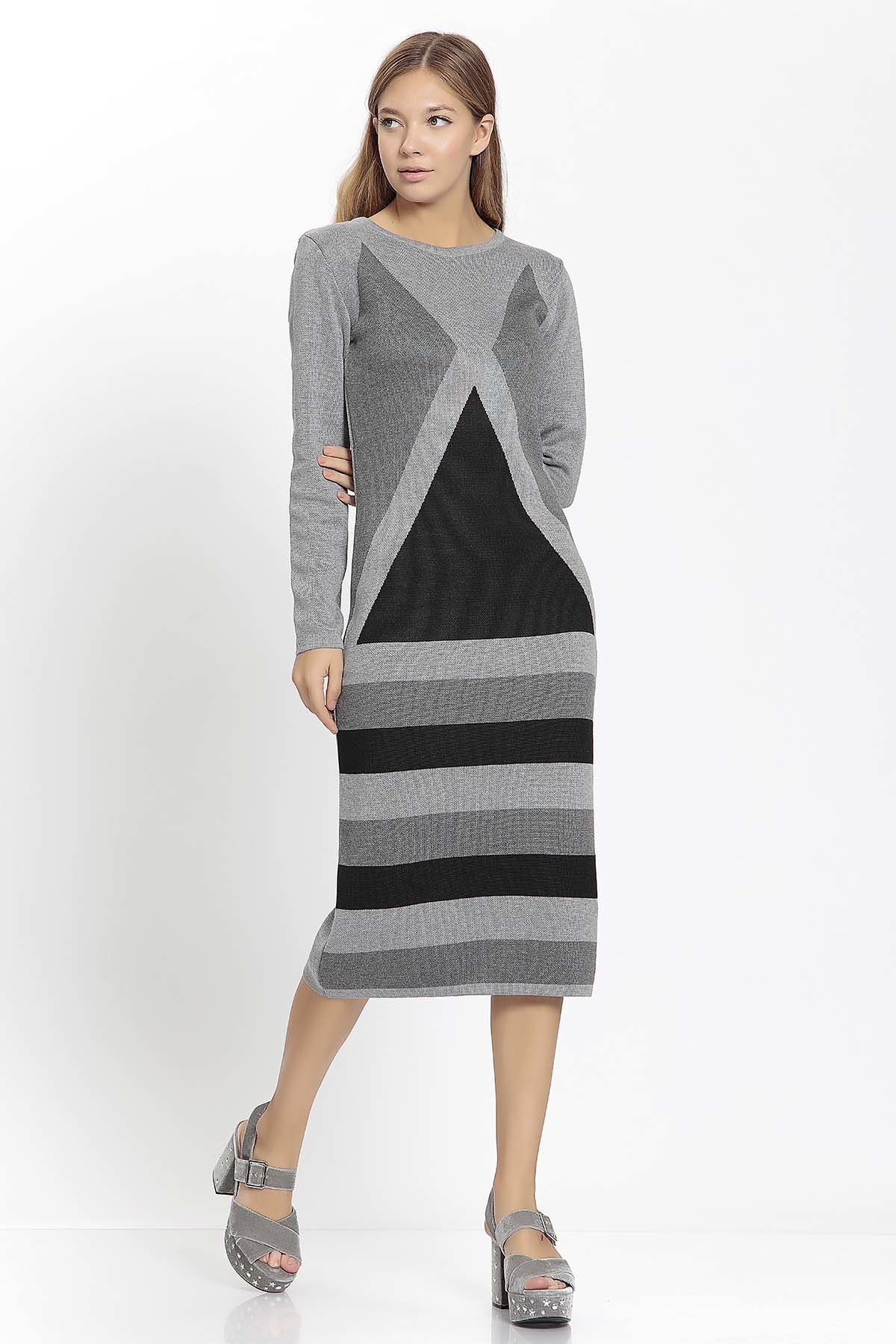 Geometrik Desen Triko Elbise - Thumbnail