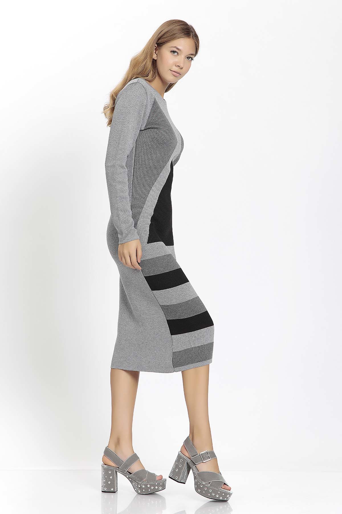 Geometrik Desen Triko Elbise - Thumbnail