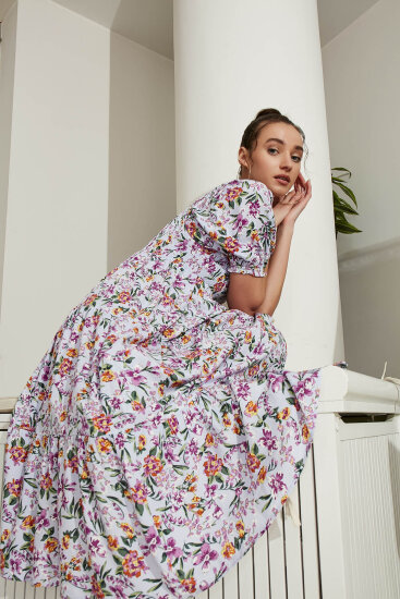 Gipeli Balon Kol Çiçekli Elbise - 6