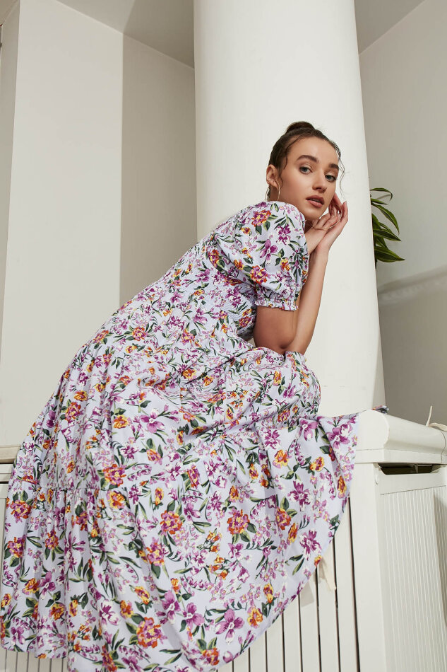 Gipeli Balon Kol Çiçekli Elbise - 6