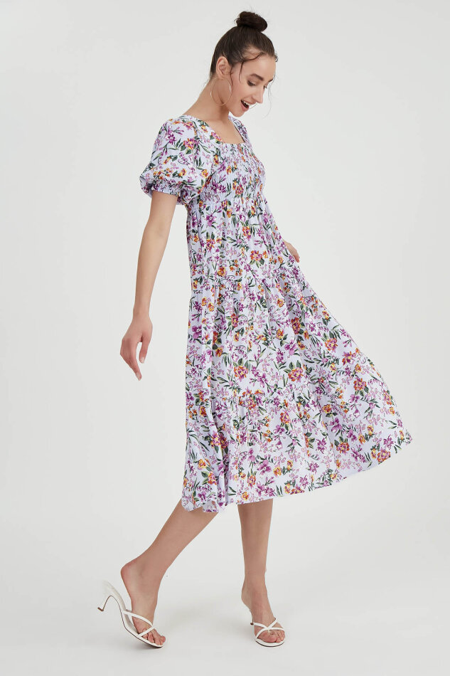 Gipeli Balon Kol Çiçekli Elbise - 3