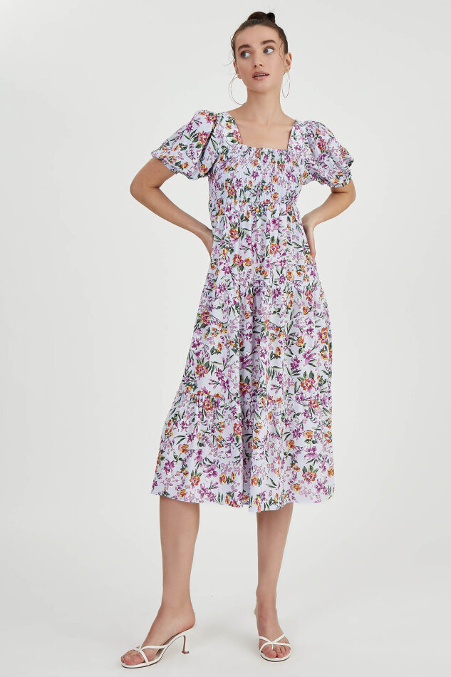 Gipeli Balon Kol Çiçekli Elbise - 4