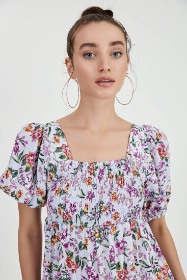 Gipeli Balon Kol Çiçekli Elbise - 7