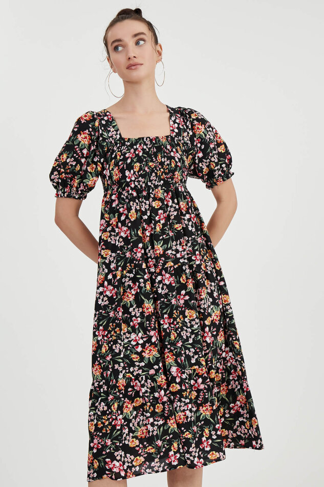 Gipeli Balon Kol Çiçekli Elbise - 10