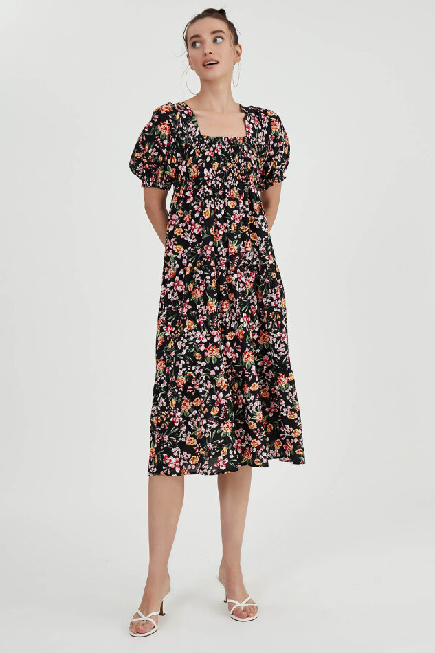 Gipeli Balon Kol Çiçekli Elbise - 11