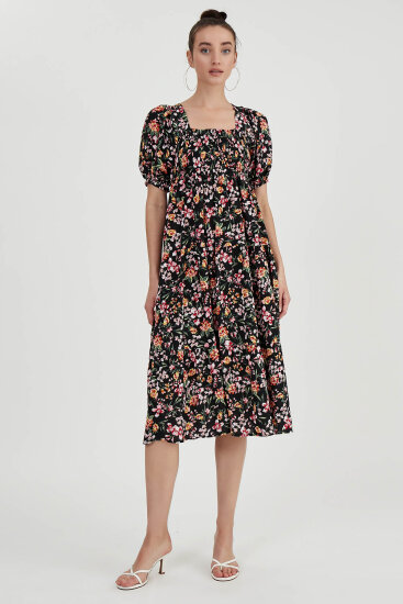 Gipeli Balon Kol Çiçekli Elbise - 8