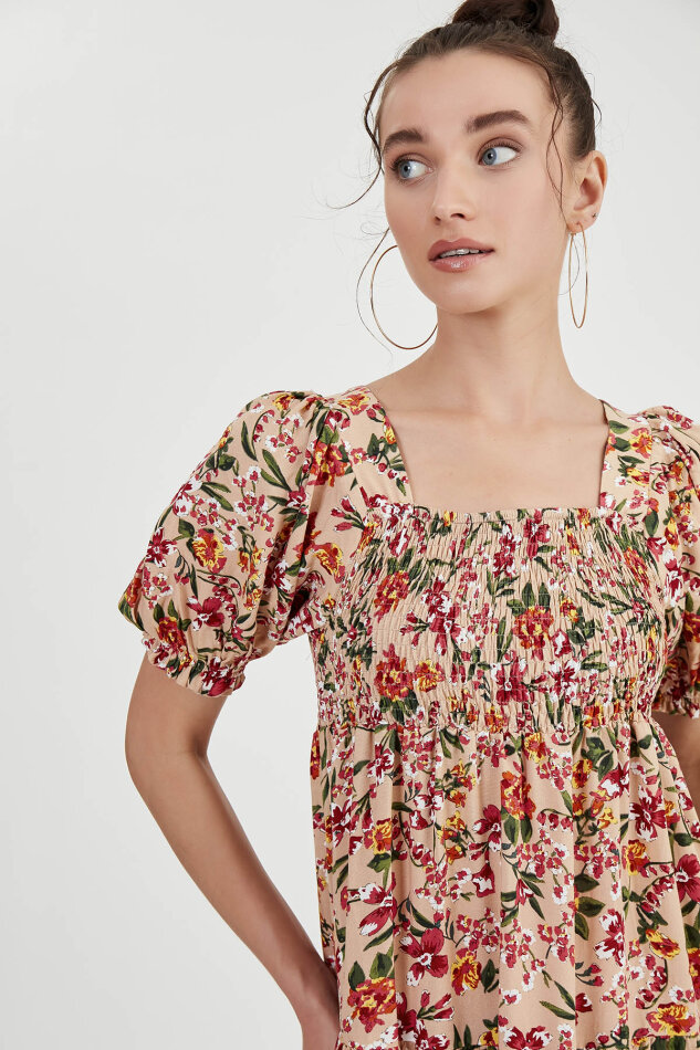 Gipeli Balon Kol Çiçekli Elbise - 14