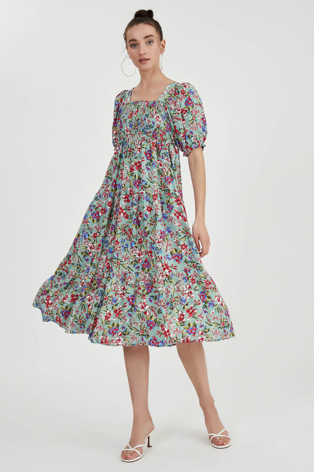 Gipeli Balon Kol Çiçekli Elbise - 21