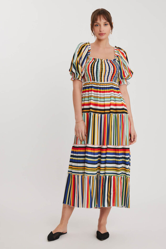 Gipeli Balon Kol Çizgi Desen Elbise - 1