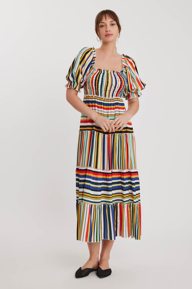 Gipeli Balon Kol Çizgi Desen Elbise - 2