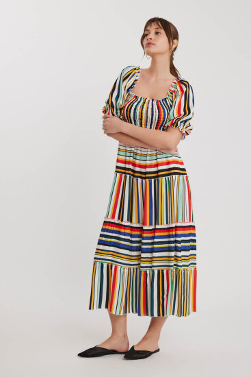 Gipeli Balon Kol Çizgi Desen Elbise - 3