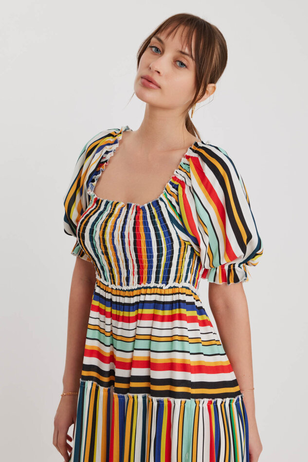 Gipeli Balon Kol Çizgi Desen Elbise - 4