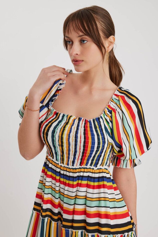 Gipeli Balon Kol Çizgi Desen Elbise - 6