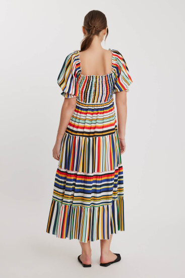 Gipeli Balon Kol Çizgi Desen Elbise - 5