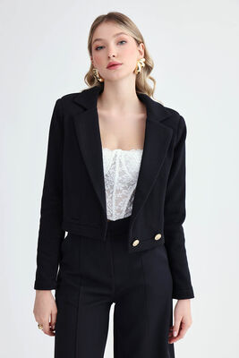 Gold Düğmeli Kruvaze Crop Ceket - Thumbnail (2)