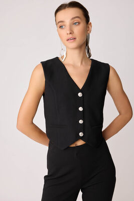 VİTRİN - Gümüş Düğmeli Crop Yelek (1)