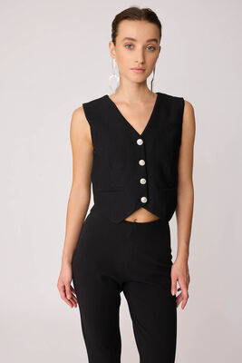 Gümüş Düğmeli Crop Yelek - Thumbnail (3)