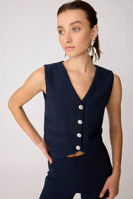 Gümüş Düğmeli Crop Yelek - Thumbnail (9)