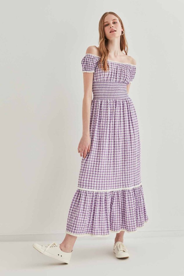 Güpür Şerit Detaylı Uzun Country Elbise - 1