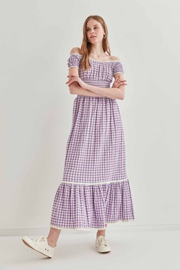 Güpür Şerit Detaylı Uzun Country Elbise - 5