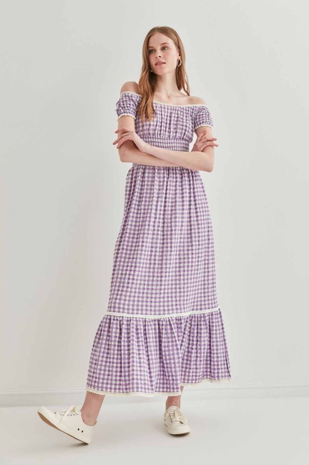 Güpür Şerit Detaylı Uzun Country Elbise - 5