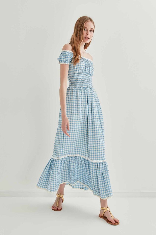 Güpür Şerit Detaylı Uzun Country Elbise - 8