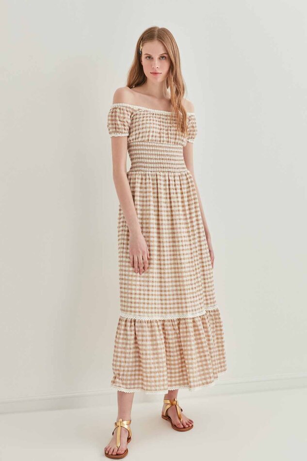 Güpür Şerit Detaylı Uzun Country Elbise - 12