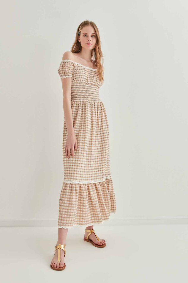 Güpür Şerit Detaylı Uzun Country Elbise - 14