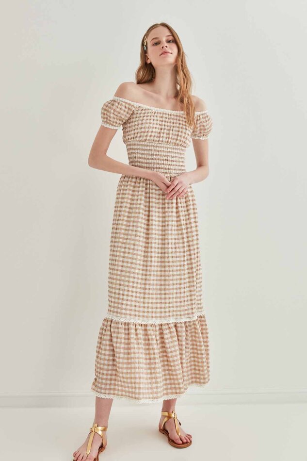 Güpür Şerit Detaylı Uzun Country Elbise - 15