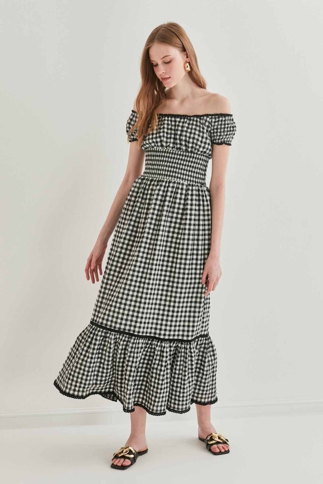 Güpür Şerit Detaylı Uzun Country Elbise - 18