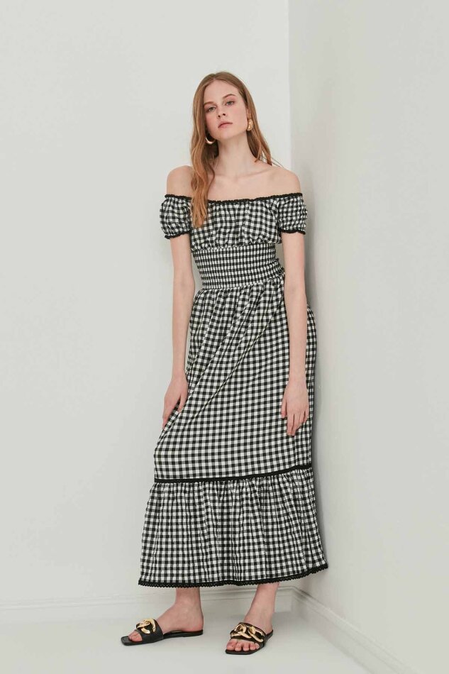 Güpür Şerit Detaylı Uzun Country Elbise - 20