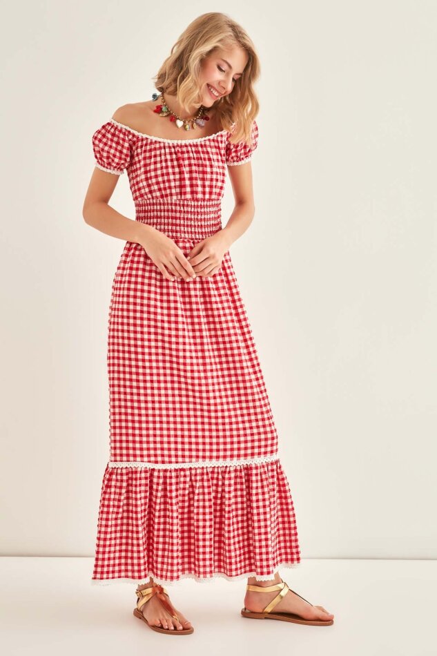 Güpür Şerit Detaylı Uzun Country Elbise - 34