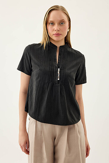 Hakim Yaka Önü Düğmeli Bluz - 7