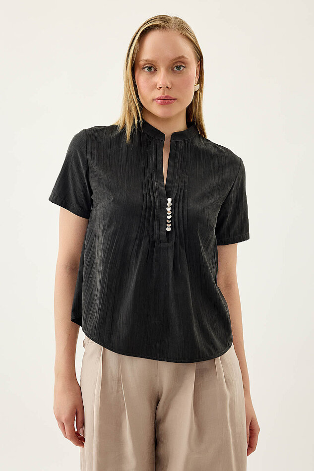 Hakim Yaka Önü Düğmeli Bluz - 7