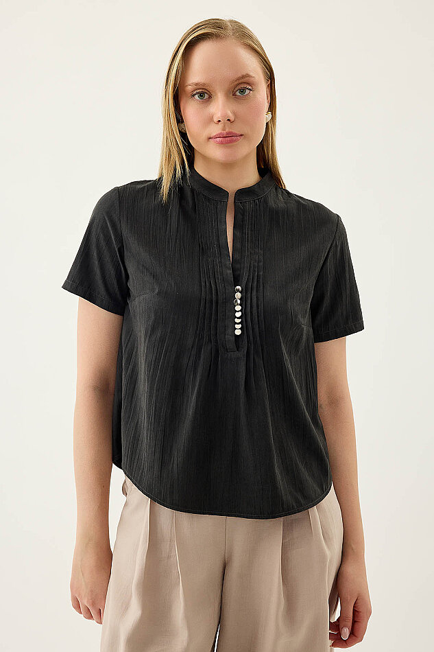 Hakim Yaka Önü Düğmeli Bluz - 6