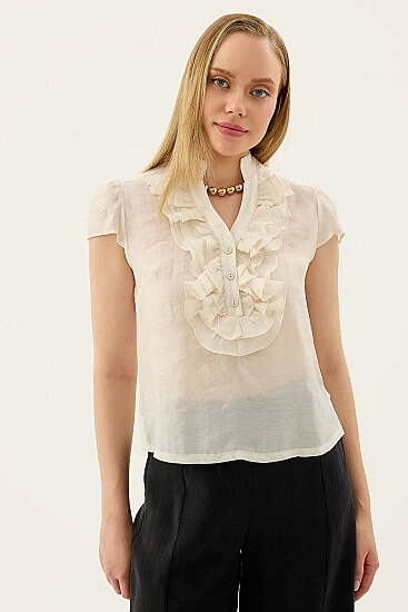 Hakim Yaka Önü Fırfırlı Kısa Kol Bluz - 2