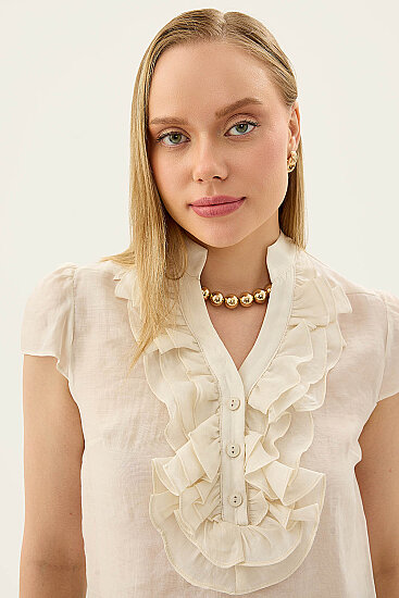 Hakim Yaka Önü Fırfırlı Kısa Kol Bluz - 3