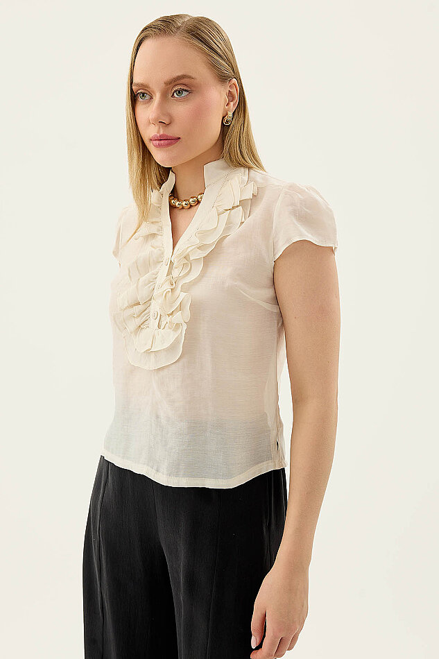 Hakim Yaka Önü Fırfırlı Kısa Kol Bluz - 4