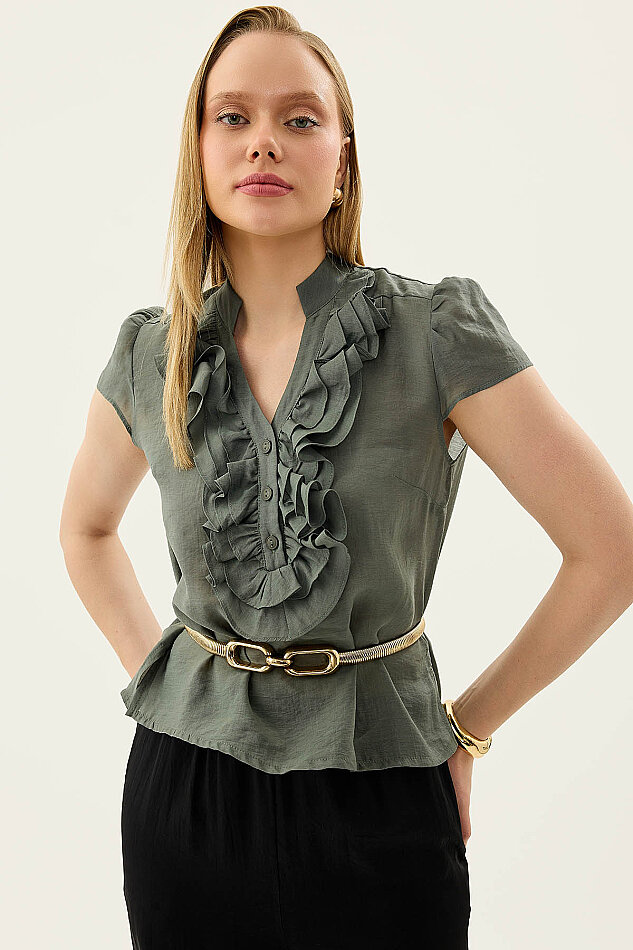 Hakim Yaka Önü Fırfırlı Kısa Kol Bluz - 8