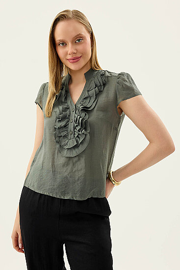 Hakim Yaka Önü Fırfırlı Kısa Kol Bluz - 6