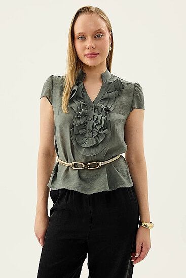 Hakim Yaka Önü Fırfırlı Kısa Kol Bluz - 13