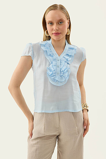 Hakim Yaka Önü Fırfırlı Kısa Kol Bluz - 14