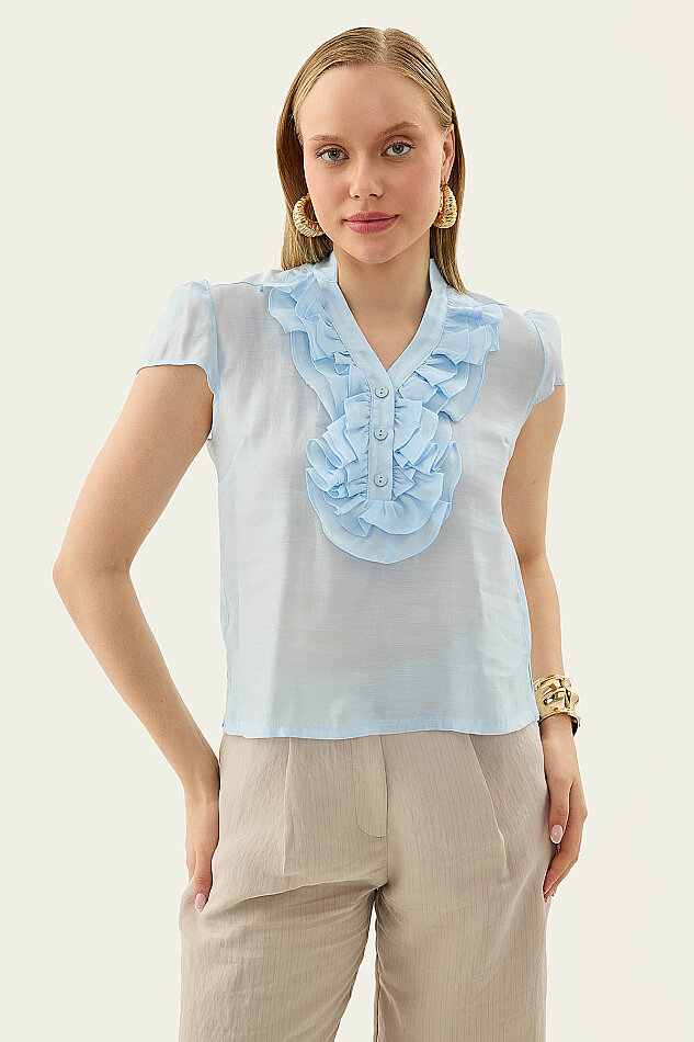 Hakim Yaka Önü Fırfırlı Kısa Kol Bluz - 14