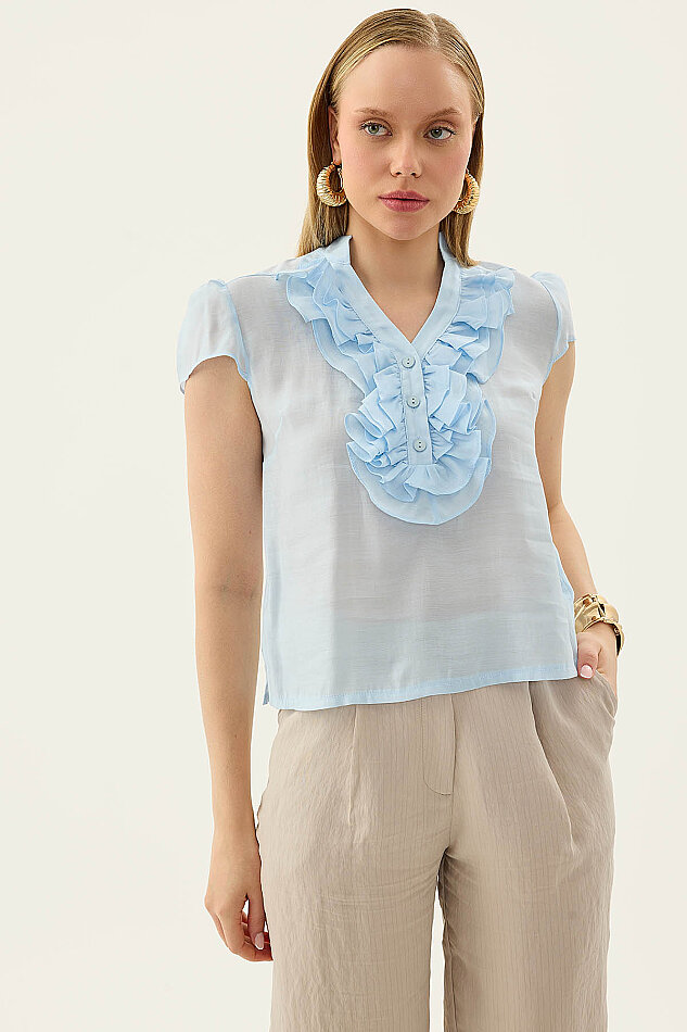 Hakim Yaka Önü Fırfırlı Kısa Kol Bluz - 16