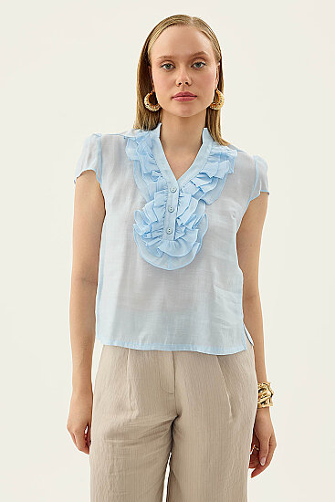 Hakim Yaka Önü Fırfırlı Kısa Kol Bluz - 20