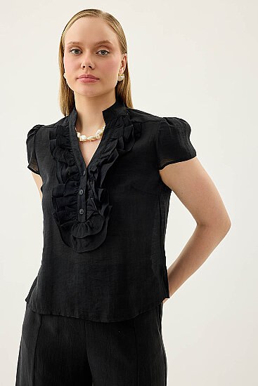 Hakim Yaka Önü Fırfırlı Kısa Kol Bluz - 22